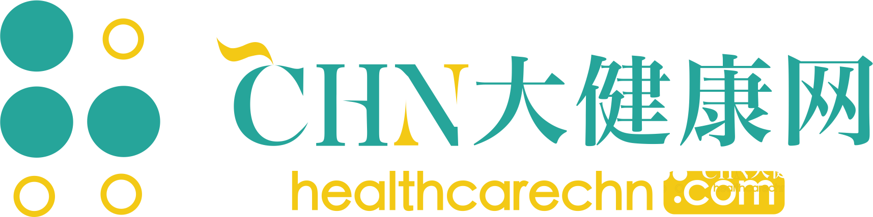 CHN大健康网反白版LOGO,适配深色背景使用,含品牌标识、CHN大健康网字样及healthcarechn.com网址,大健康产业平台官方标识